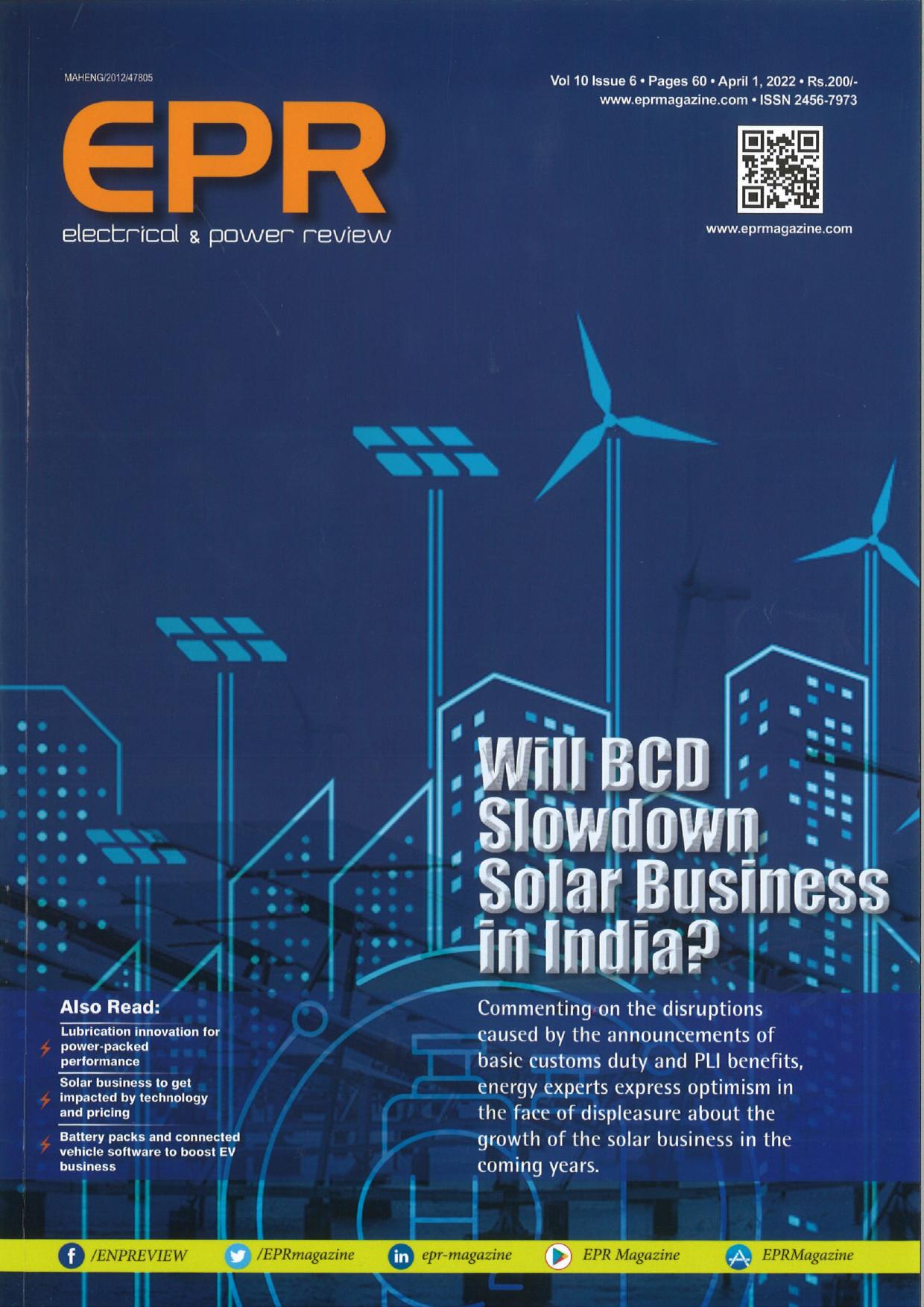 VJTI-TBI covered by Electrical & Power Review, April 2022 issue